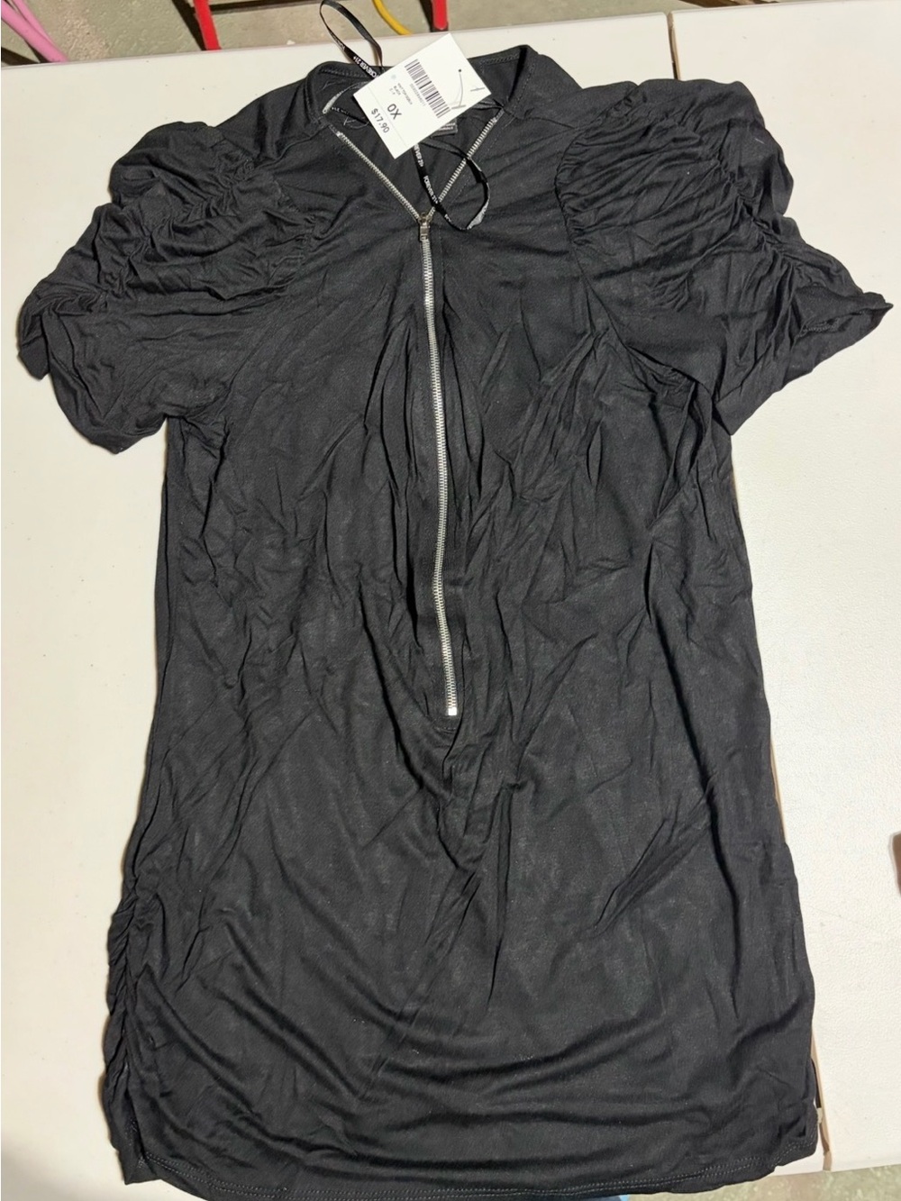 Forever 21 Black Puff Sleeve Zip-Front Tunic Top